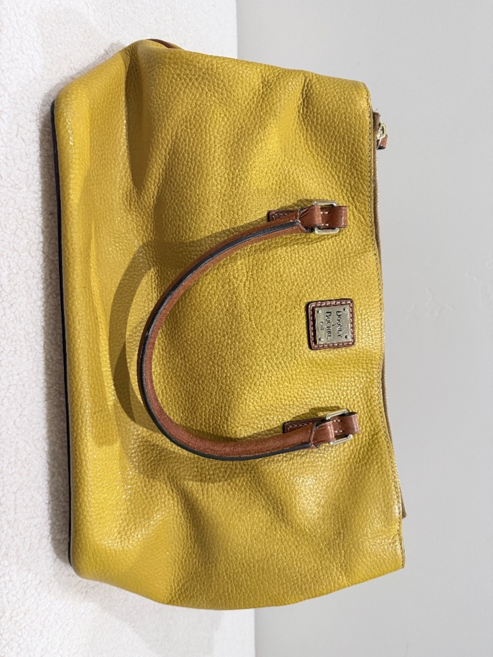 Dooney & Bourke Mustard Yellow Pebbled Leather Satchel with Tan Handles